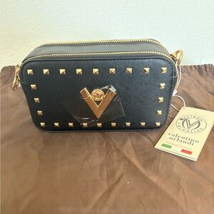 Valentino Orlandi Black and Gold Studded Camera Crossbody Bag